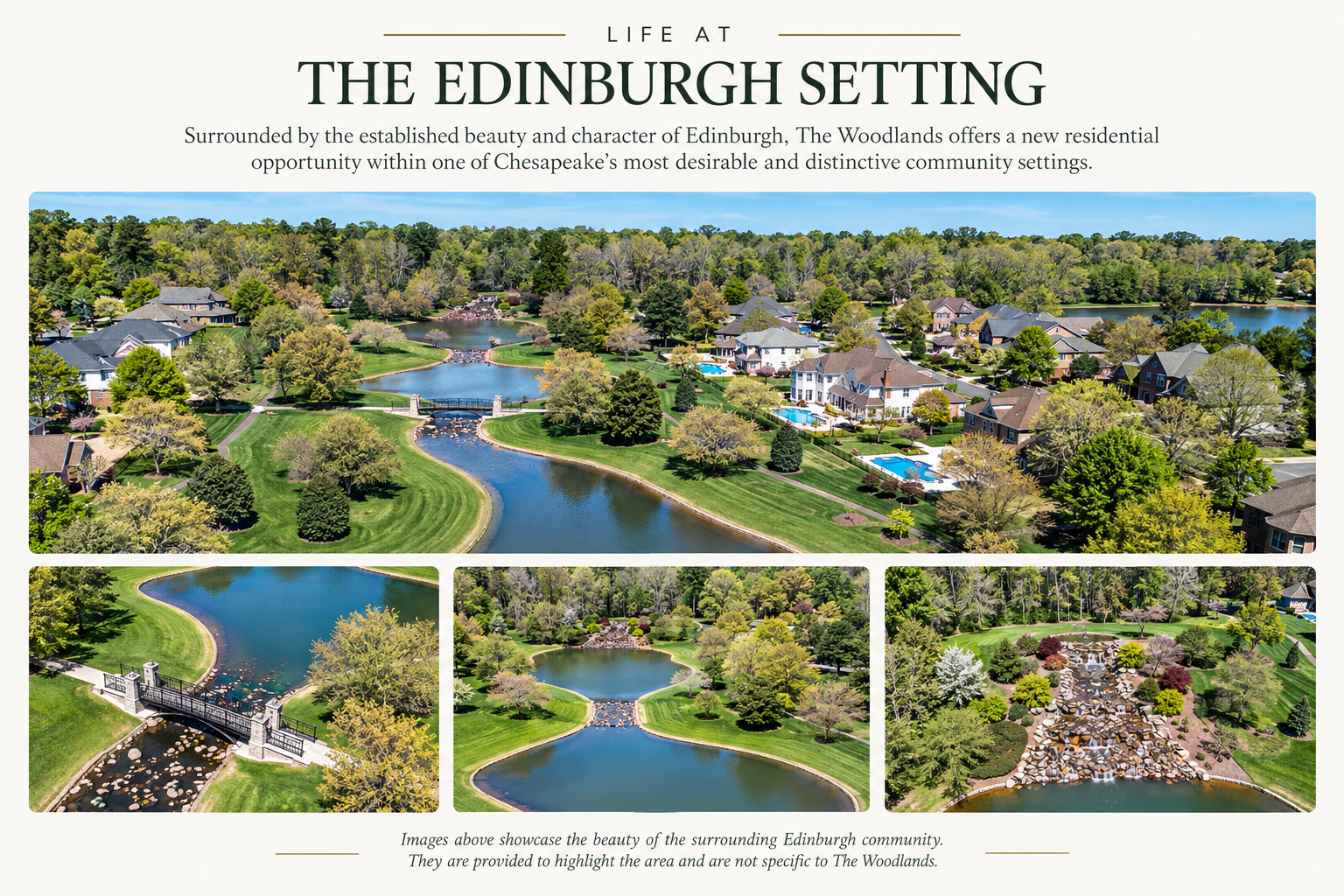 Editorial presentation of the Edinburgh setting, featuring aerial views of landscaped ponds, homes, bridge, and water features